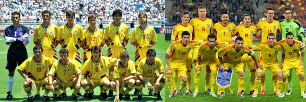 Naţionala fotbaliştilor adevăraţi de acum 20 de ani (stânga) şi naţionala actuală a vedetelor