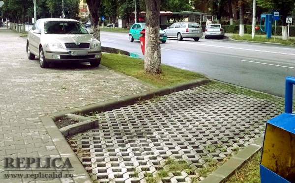 Un şofer anti-ecologist: nu suportă parcările “ecologice” făcute cu “biscuiţi”, prin care poate creşte iarba, iar în semn de protest, parchează pe trotuar