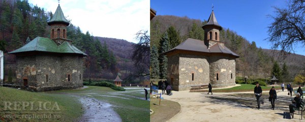 Aşa arăta zona de lângă biserica mănăstirii în 2003 (stânga) şi aşa arată acum (dreapta)