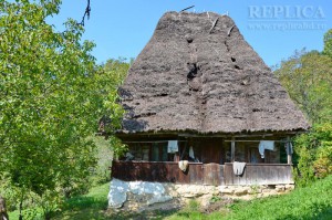 Casă dublu compartimentată, din lemn, cu acoperiş de paie şi prispă deschisă (cătunul Săvuleşti, comuna Blăjeni, Ţara Zarandului, 2014)